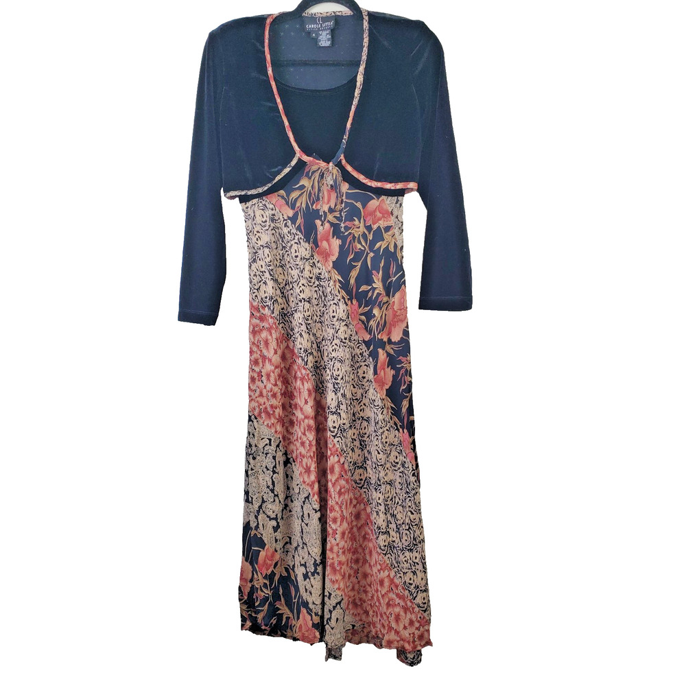 Vintage Carole‎ Little Womens 4 Small Dress MAXI Bohemian Printed Black Layered